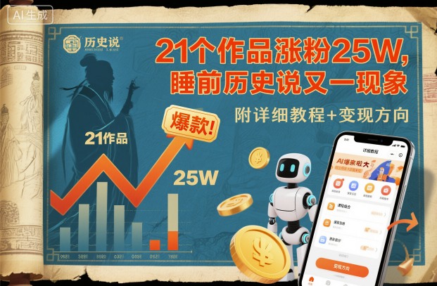 21个作品涨粉25W,睡前历史说又一现象级AI内容大爆款来啦,附详细教程+变现方向