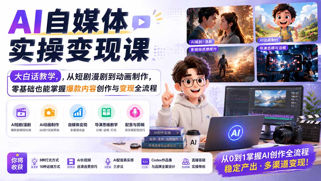 AI自媒体实操变现课｜大白话教学，从短剧漫剧到动画制作，零基础也能掌握爆款内容创作与变现全流程-云泽轻创网