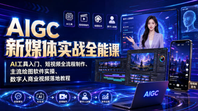 AIGC新媒体实战全能课|AI工具入门、短视频全流程制作、主流绘图软件实操、数字人商业视频落地教程-云泽轻创网