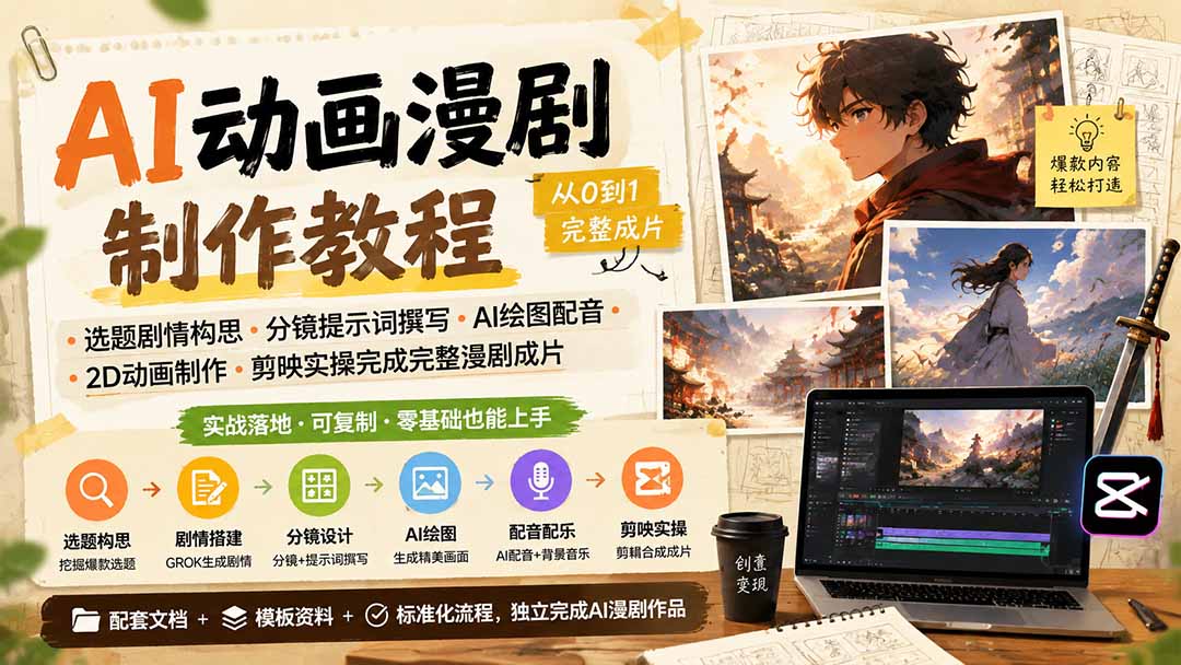 AI动画漫剧制作教程｜选题剧情构思·分镜提示词撰写·AI绘图配音·2D动画制作·剪映实操完成完整漫剧成片-云泽轻创网