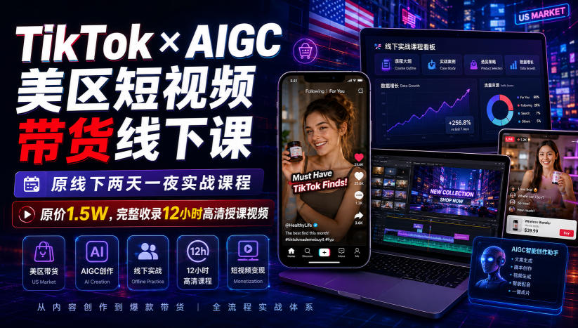 TikTok×AIGC美区短视频带货线下课，原线下两天一夜实战课程，原价1.5W，完整收录12小时高清授课视频-云泽轻创网