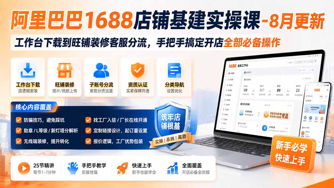 阿里巴巴1688店铺基建实操课-8月更新；工作台下载到旺铺装修客服分流，手把手搞定开店全部必备操作-云泽轻创网