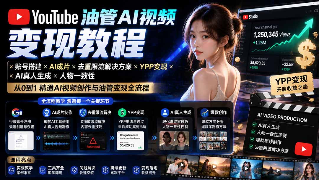 YouTube油管AI视频变现教程-更新：账号搭建×AI成片×去重限流解决方案×YPP变现×AI真人生成×人物一致性-云泽轻创网