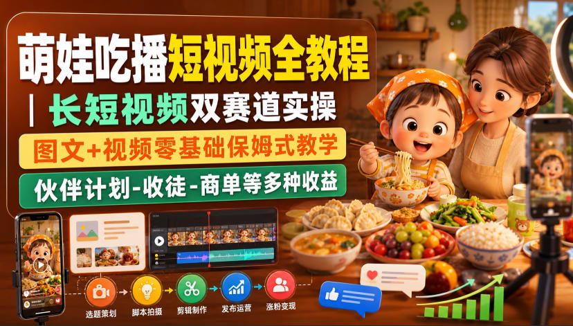 萌娃吃播短视频全教程|长短视频双赛道实操,图文+视频零基础保姆式教学,伙伴计划-收徒-商单等多种变现方式-云泽轻创网