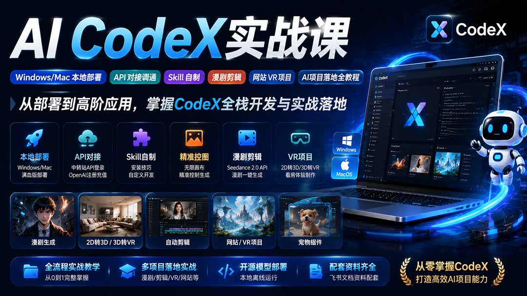 AI CodeX实战课|Windows/Mac 本地部署|API 对接调通|Skill 自制|漫剧剪辑|网站 VR 项目|AI项目落地全教程-云泽轻创网