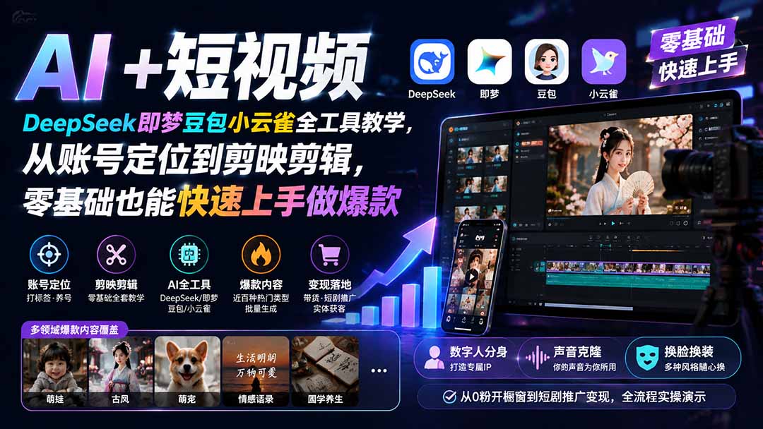 AI+短视频｜DeepSeek即梦豆包小云雀全工具教学，从账号定位到剪映剪辑，零基础也能快速上手做爆款-云泽轻创网