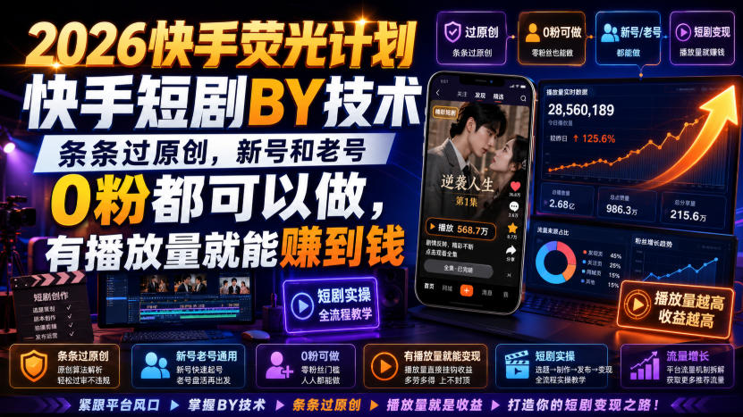 2026快手荧光计划，快手短剧搬运技术，条条过原创，新号和老号0粉都可以做，有播放量就能賺到钱-云泽轻创网