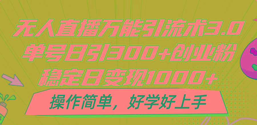 无人直播万能引流术3.0，单号日引300+创业粉，稳定日变现1000+，操作简单-云泽轻创网