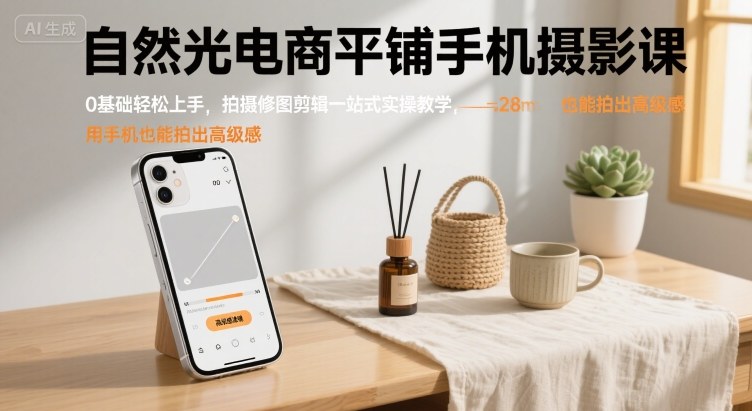 自然光电商平铺手机摄影课，0基础轻松上手，拍摄修图剪辑一站式实操教学，用手机也能拍出高级感-云泽轻创网