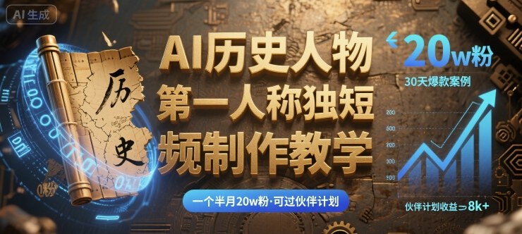 最新AI历史人物第一人称独白短视频制作教学，一个半月20w粉，可过伙伴计划-云泽轻创网