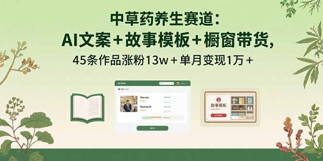 中草药养生赛道：AI文案+故事模板+橱带货，45条作品涨粉13w+单月变现1万+-云泽轻创网