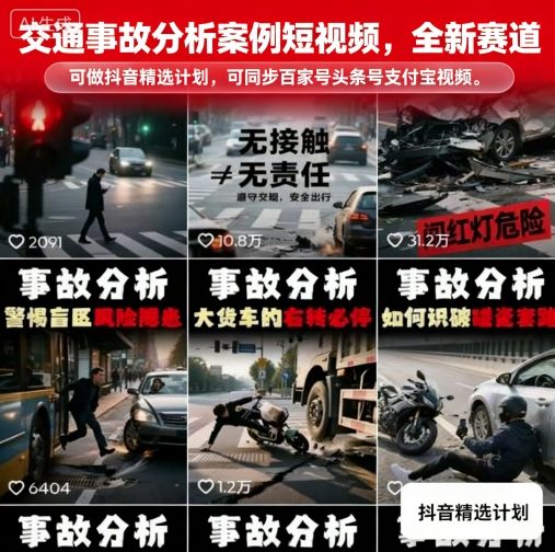 交通事故分析案例短视频，全新赛道，可做抖音精选计划，可同步百家号头条号支付宝视频号平台-云泽轻创网