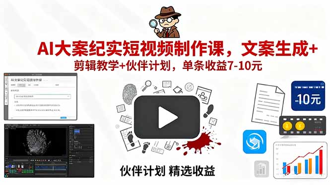 AI大案纪实短视频制作课，文案生成+剪辑教学+伙伴计划，单条收益7-10元-云泽轻创网