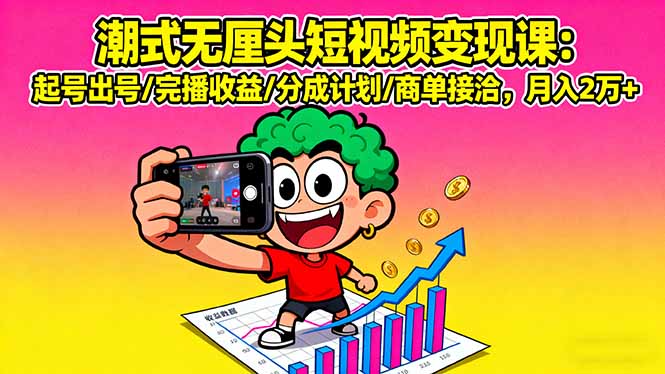 潮式无厘头短视频变现课：起号出号/完播收益/分成计划/商单接洽，月入2万+-云泽轻创网