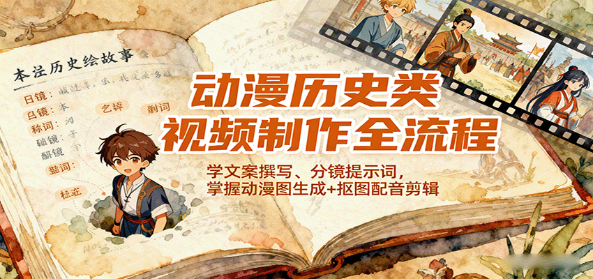 动漫历史类视频制作全流程，学文案撰写、分镜提示词，掌握动漫图生成+抠图配音剪辑-云泽轻创网