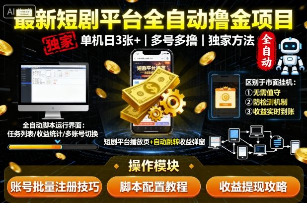 最新短剧平台全自动挂G撸金项目，单机一天3张+，多号多撸，区别于市面所有挂机项目，独家方法【揭秘】-云泽轻创网