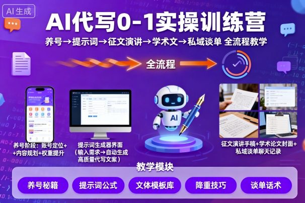 AI代写0-1实操训练营，从养号、提示词、征文演讲、学术文，到私域谈单的全流程教学-云泽轻创网