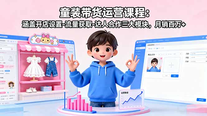 童装带货运营课程：涵盖开店设置-流量获取-达人合作三大模块，月销百万+-云泽轻创网