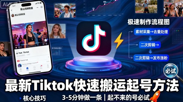 最新Tiktok快速搬运快速起号方法，3-5分钟做一条，起不来的号可以试试-云泽轻创网