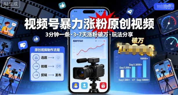 视频号暴力涨粉原创视频，3分钟一条原创视频，3-7天涨粉破万，玩法分享给你-云泽轻创网
