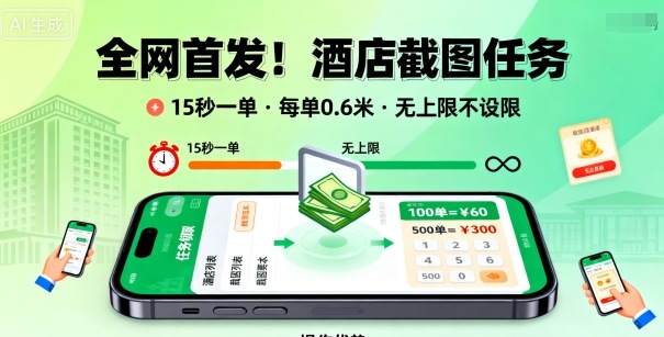 全网首发！酒店截图任务，15秒一单，每单0.6米，任务无上限不设限，矩阵操作单日3张到手【揭秘】-云泽轻创网