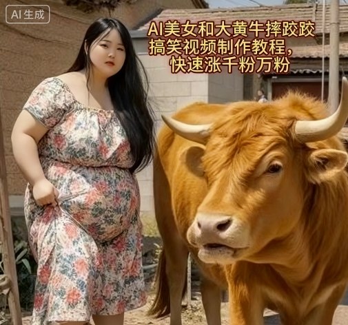 AI美女和大黄牛摔跤搞笑荒诞视频制作教程，快速涨千粉万粉-云泽轻创网