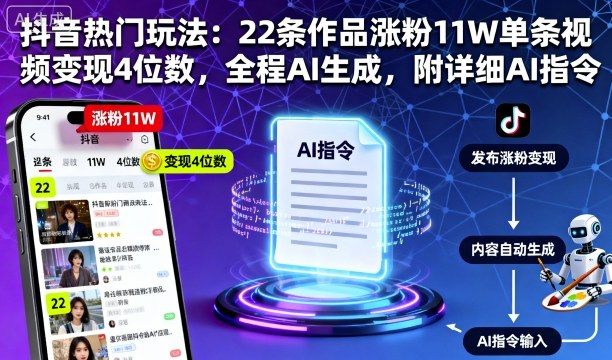 抖音热门玩法：22条作品涨粉11W单条视频变现4位数，全程AI生成，附详细AI指令-云泽轻创网