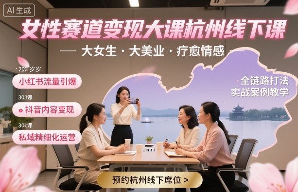 女性赛道变现大课杭州线下，大女生，大美业，疗愈情感，一套小红书、抖音、私域全链路打法-云泽轻创网