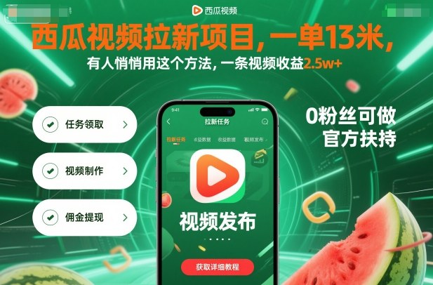 西瓜视频拉新项目，一单13米，有人悄悄用这个方法，一条视频收益2.5w+(附详细教程)-云泽轻创网
