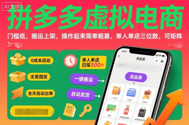 拼多多虚拟电商，门槛低，搬运上架，操作起来简单粗暴，单人单店三位数，可矩阵-云泽轻创网