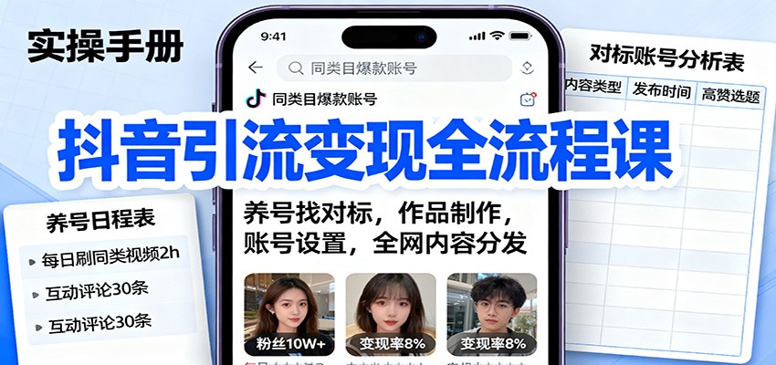抖音引流变现全流程课:养号找对标,作品制作,账号设置,全网内容分发-云泽轻创网