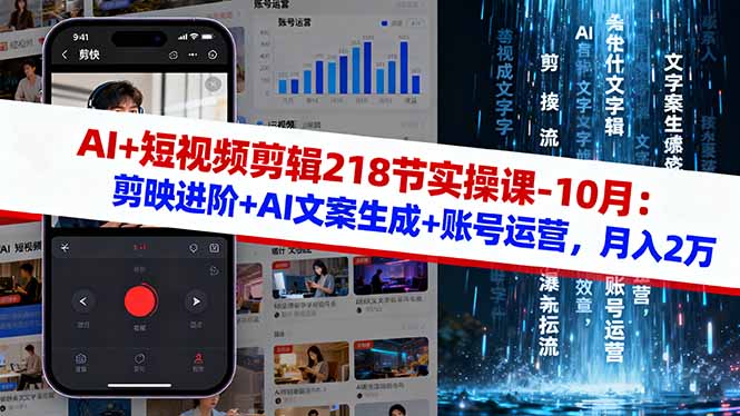 AI+短视频剪辑218节实操课-10月：剪映进阶+AI文案生成+账号运营，月入2万-云泽轻创网