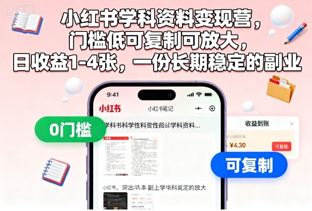 小红书学科资料变现营，门槛低可复制可放大，日收益1-4张，一份长期稳定的副业-云泽轻创网