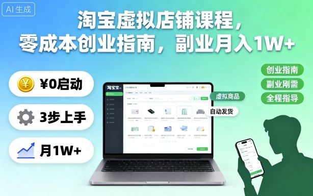 淘宝虚拟店铺课程，零成本创业指南，副业月入1W+-云泽轻创网