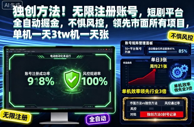 独创方法！无限注册账号，短剧平台全自动掘金，不惧风控，领先市面所有项目，单机一天3张【揭秘】-云泽轻创网