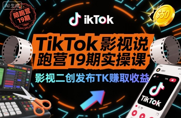 TikTok影视解说陪跑营19期实操课，影视二创发布TK賺取收益，万播收益50美金-云泽轻创网