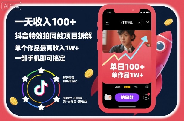 一天收入100+，抖音特效拍同款项目拆解，单个作品最高收入1W+，一部手机即可搞定-云泽轻创网