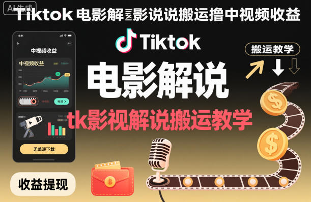 Tiktok电影解说搬运撸中视频收益，tk影视解说搬运教学-云泽轻创网