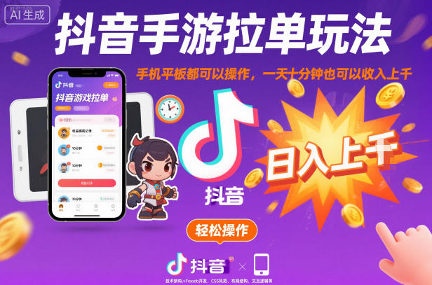 抖音手游拉单玩法，手机平板都可以操作，一天十分钟也可以收入上K【揭秘】-云泽轻创网