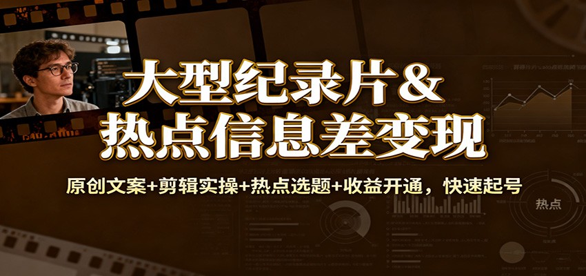 大型纪录片&热点信息差变现：原创文案+剪辑实操+热点选题+收益开通，快速起号-云泽轻创网