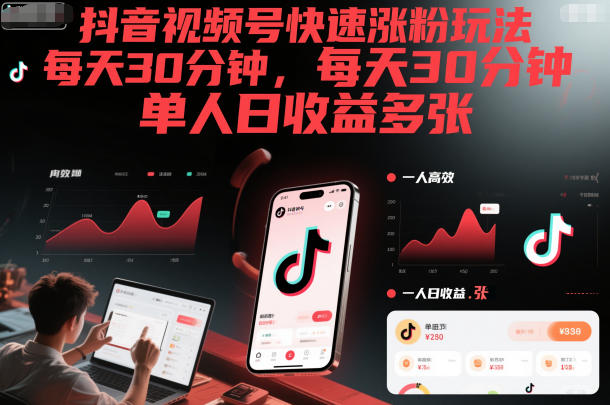 抖音视频号快速涨粉玩法，每天30分钟，单人日收益多张-云泽轻创网