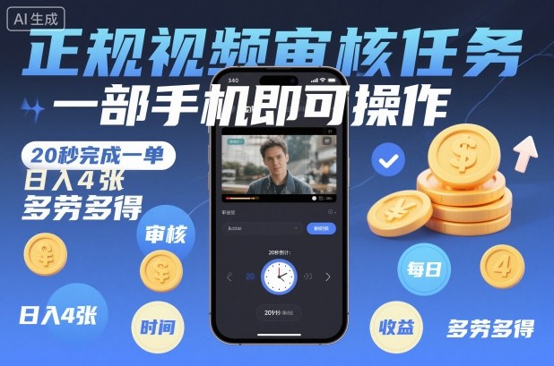 正规视频审核任务，一部手机即可操作，20秒完成一单，日入4张，多劳多得【揭秘】-云泽轻创网