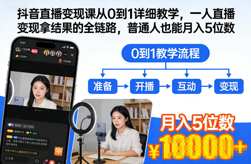 抖音直播变现课从0到1详细教学，一人直播变现拿结果的全链路，普通人也能月入5位数-云泽轻创网