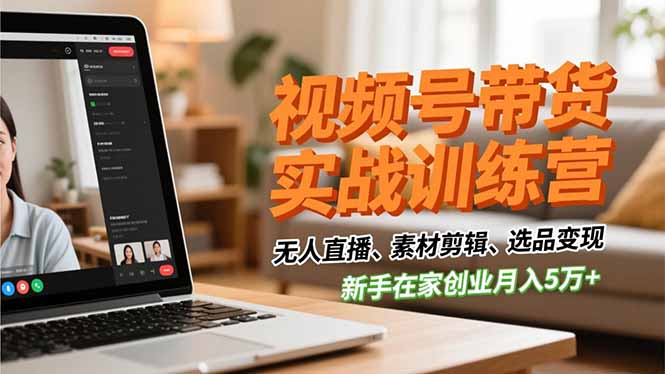 视频号带货实战训练营，无人直播、素材剪辑、选品变现，新手在家创业月入5万+-云泽轻创网