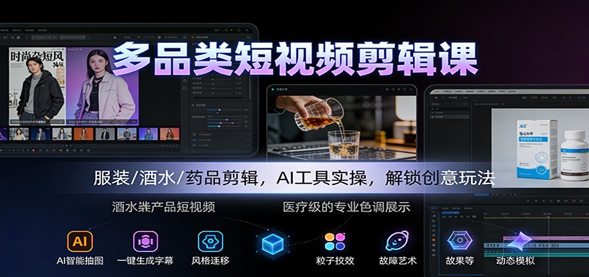 多品类短视频剪辑课:服装/酒水/药品剪辑,AI工具实操,解锁创意玩法-云泽轻创网