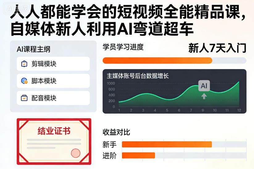 人人都能学会的短视频全能精品课，自媒体新人利用AI弯道超车-云泽轻创网