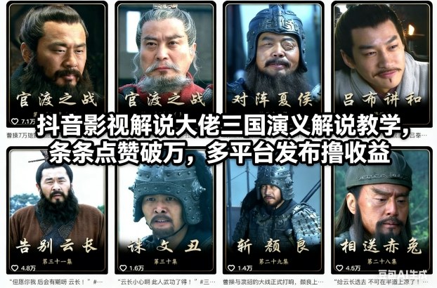抖音影视解说大佬三国演义解说教学，条条点赞破万，多平台发布撸收益-云泽轻创网