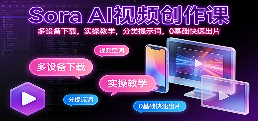 Sora AI视频创作课：多设备下载，实操教学，分类提示词，0基础快速出片-云泽轻创网