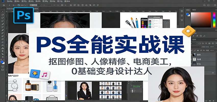PS全能实战课：抠图修图、人像精修、电商美工，0基础变身设计达人-云泽轻创网