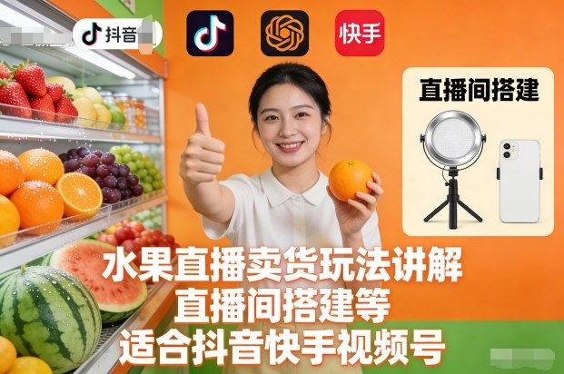 水果直播卖货玩法讲解、直播间搭建等，适合抖音快手视频号-云泽轻创网